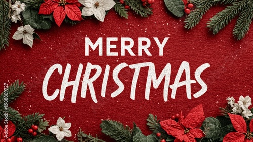 Merry Christmas greeting with festive decorations and floral elements