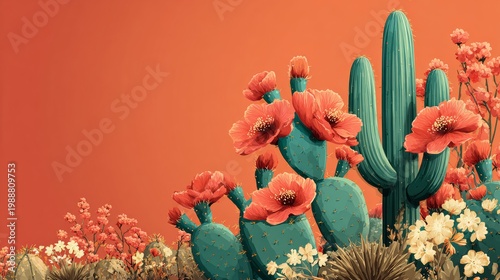 Colorful cactus flowers against vibrant orange background in desert landscape