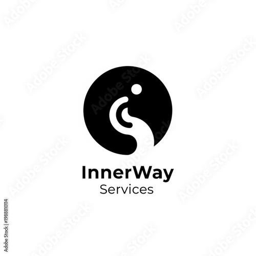 Minimalist logo design for InnerWay Services featuring a stylized circular icon with a negative space hand gesture