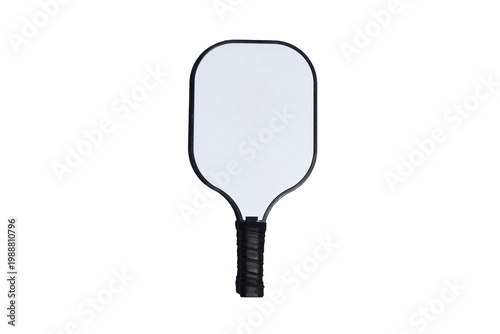 White pickleball paddle with black edge and handle on a white background isolated
