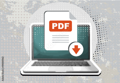 Trendy halftone collage Download PDF button on laptop screen. Downloading document concept. File with PDF label and down arrow sign. Vector stock illustration.