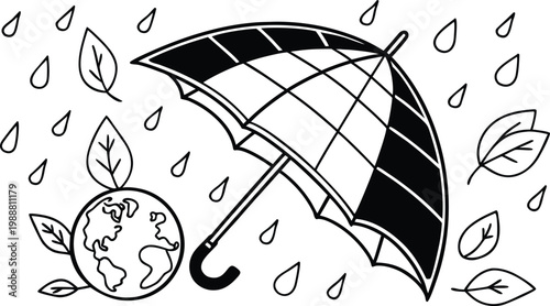 Black and white illustration of umbrella protecting the Earth from rain, symbolizing environmental conservation.