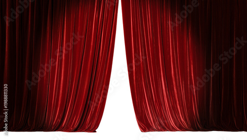 Photos Rich red velvet theater curtains parted to reveal darkness, isolated on transpar