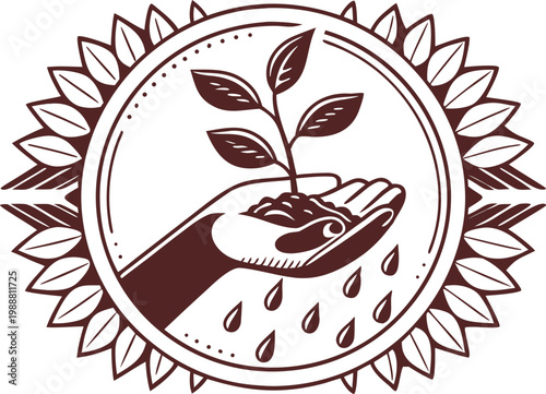 A hand nurturing a young plant with water droplets, symbolizing growth and eco-friendly living.