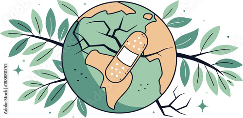 Earth with a band aid and green leaves, symbolizing environmental healing and conservation efforts globally.