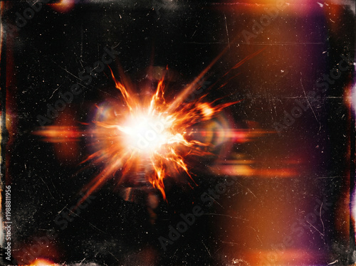 Night scene with a black backdrop. A powerful light leak effect dominates, with visible scratch dust and motion blur. Grunge old film burn lens ray and a noisy retro film texture complete the look.