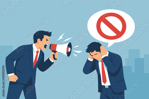Angry businessman shouting through megaphone at stressed colleague covering ears with forbidden stop sign speech bubble, concept of workplace harassment, toxic environment, and communication failure