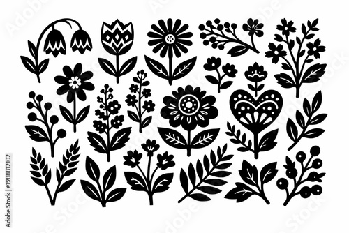 Scandinavian Folk Art Botanical Vector Illustration Set: Black and White Linocut Wildflowers, Nordic Floral Elements, Leaves, Berries, and Heart Silhouettes for Pattern Design and Crafting.