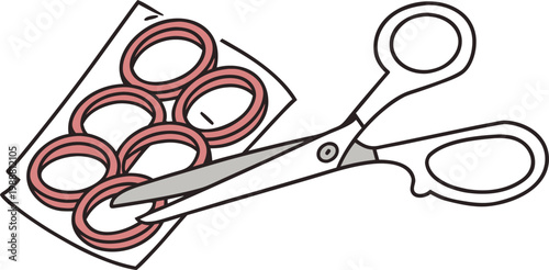 A pair of scissors cutting through red coupons on a sheet, isolated on white background.