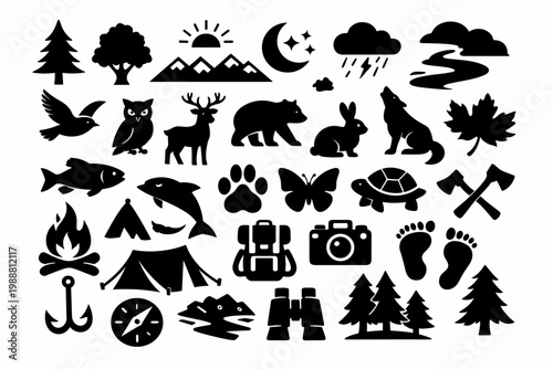 Nature and Outdoor Icon Collection Featuring Wildlife Animals, Forest Trees, Camping Gear, Weather Symbols, and Hiking Equipment in Black Silhouette Style for Adventure and Exploration Design
