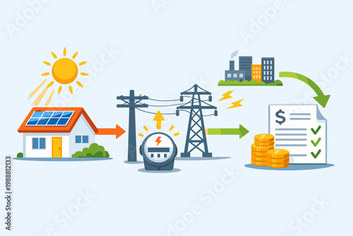 Solar Energy Export to Grid and Billing Credit Workflow Illustration with House Solar Panels, Electric Meter, Power Lines, and Utility Bill with Coins for Net Metering and Renewable Energy.