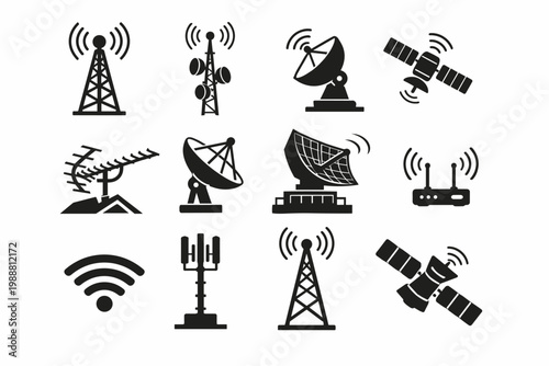 Vector Set of Wireless Antennas, Radio Towers, Radar, and Satellite Dishes. Black Telecommunication and Communication Signal Icons for Network, Broadcast, Internet, and Cellular Technology.
