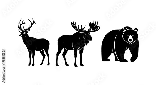 Silhouettes of majestic wild animals: deer, moose, and bear, standing together against a white background.