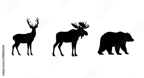 Silhouette of a deer, moose, and bear standing together in a natural landscape silhouette