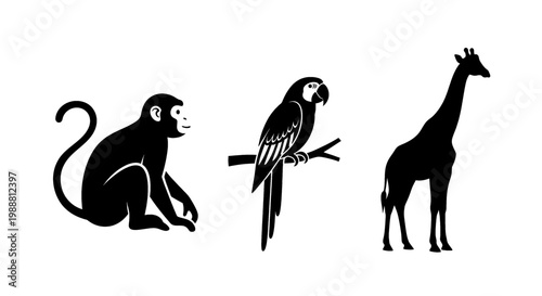 Silhouettes of a monkey, parrot, and giraffe against a white background