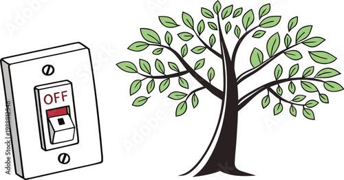 Electricity and nature concept with tree and light switch turned off, symbolizing eco-friendly living.