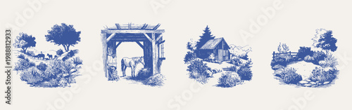 Rural horses stable cabin countryside landscape elegant set. Scenes include animals, shelter and natural terrain details. Illustrations for textile and decor, crayon drawn sketch vector style.
