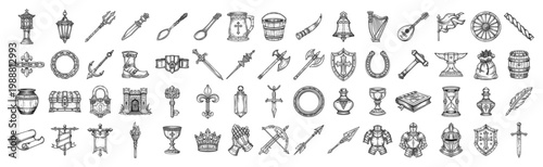 Medieval fantasy RPG icons set, hand drawn vintage engraving style elements with weapons, armor, castle items, tools and accessories for game design