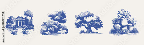 Garden pavilion fountain tree park landscape elegant set. Collection includes architecture, plants and large tree compositions. Illustrations for wallpaper and invitation, hand drawn pencil style.