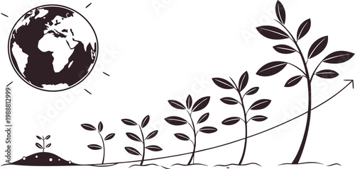 Black and white illustration of plants growing from earth to globe, symbolizing eco friendly development