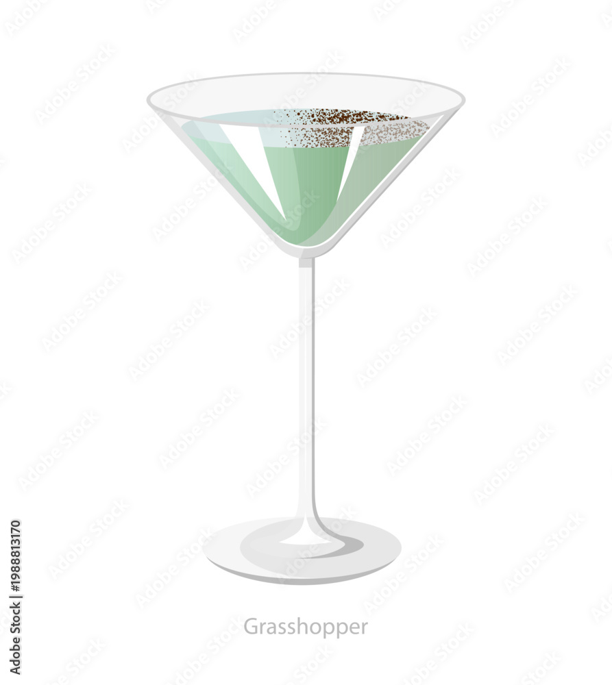 Obraz premium Vector illustration of a grasshopper cocktail in a martini glass with chocolate rim, made for bar menus and dessert drink graphics.