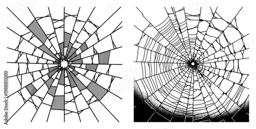 Broken glass shattered surface vector, cracked window with bullet hole effect, radial spider web cracks for damage and destruction design