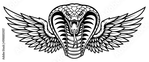 Winged cobra snake mascot logo, fierce serpent with wings illustration for tattoo, gaming or motorcycle club emblem