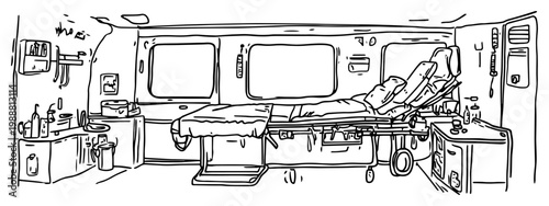 Hospital emergency room interior sketch, hand drawn medical ward with bed and equipment, clinic interior line art