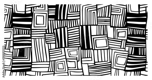 Abstract hand drawn geometric pattern, tribal mosaic texture with squares and hatching lines, modern art background for textile and print