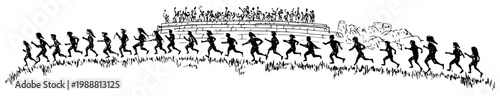 Ancient Greek marathon runners panoramic sketch, vintage hand drawn illustration of people running in line for sport and history themes