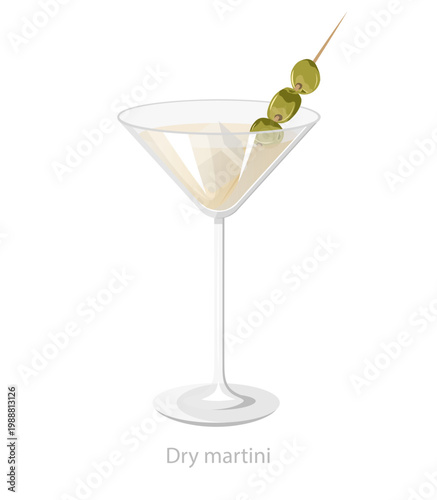 Vector illustration of a dry martini cocktail in a martini glass with ice and green olive garnish, designed for bar menus and drink graphics.