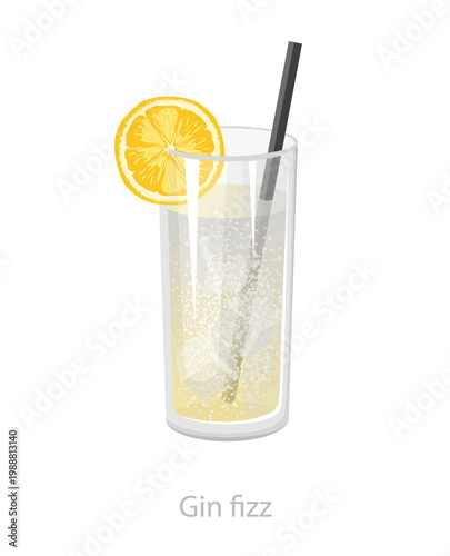 Vector illustration of a gin fizz cocktail in a tall glass with ice cubes, straw, bubbles, and orange garnish, suitable for bar menu and beverage design.