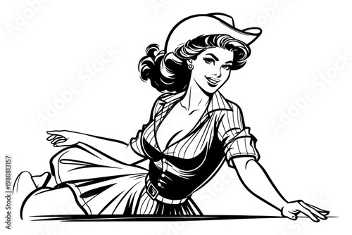 Retro cowgirl pin up girl portrait, vintage western woman in cowboy hat illustration, classic hand drawn comic style