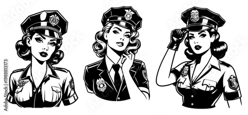 Female police officer pin up portraits set, vintage woman in law enforcement uniform and cap, classic retro comic art vector