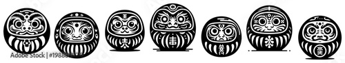 Japanese Daruma dolls set, traditional lucky charm silhouettes with asian symbols, goal setting and success icons vector