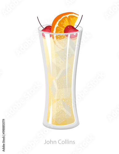 Vector illustration of a John Collins cocktail in a tall glass with ice, cherries, orange slice, and bubbles for bar menu and drink design.