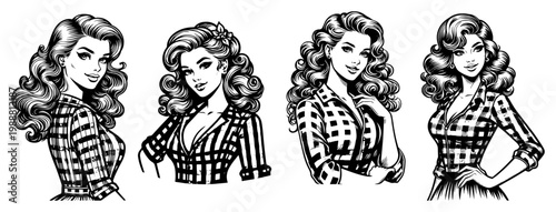 Plaid shirt pin up girl set, vintage country style woman in checkered shirts, retro hand drawn comic art characters