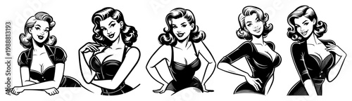 Elegant retro pin up girl portraits, vintage 1950s style woman fashion set, classic hand drawn female characters vector