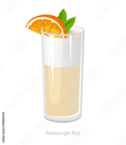 Vector illustration of a Ramos gin fizz cocktail in a tall glass with orange slice and mint leaves, created for bar menus and beverage graphics.