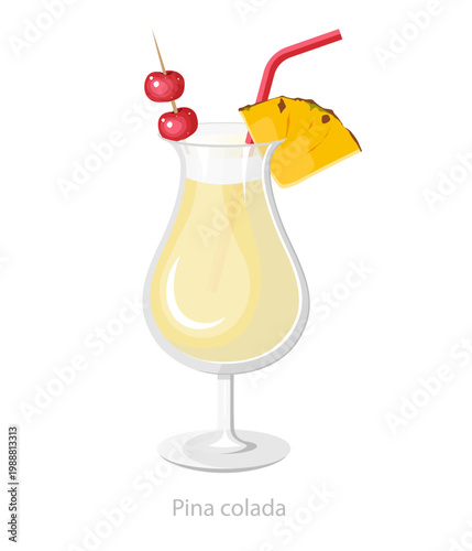 Vector illustration of a pina colada cocktail in a curved glass with cherries, pineapple, and straw, made for bar menus and tropical drink graphics.