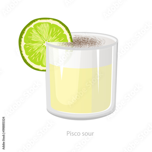 Vector illustration of a pisco sour cocktail in a low glass with lime slice and dark topping, created for bar menus and beverage themed graphics.