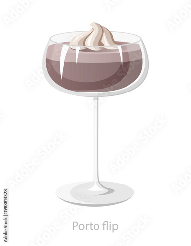 Vector illustration of a porto flip cocktail in a coupe glass with creamy topping, created for bar menus and dessert drink graphics.