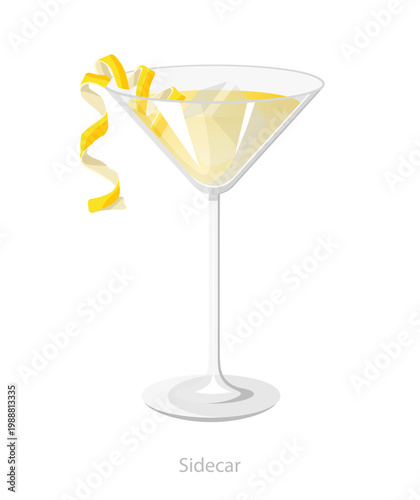 Vector illustration of a sidecar cocktail in a martini glass with ice and lemon peel garnish, designed for bar menus and drink graphics.