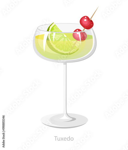 Vector illustration of a tuxedo cocktail in a coupe glass with lime slice and cherry garnish on a skewer, designed for bar menus and drink graphics.