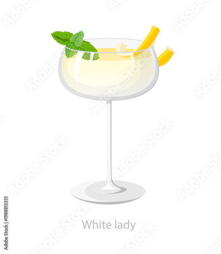 Vector illustration of a white lady cocktail in a coupe glass with mint leaves and lemon peel, made for bar menus, drink lists, and beverage graphics.