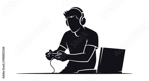 Silhouette of a gamer focused on intense gameplay with headphones and controller