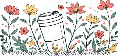 A discarded white disposable coffee cup lies among vibrant flowers and green leaves in a field
