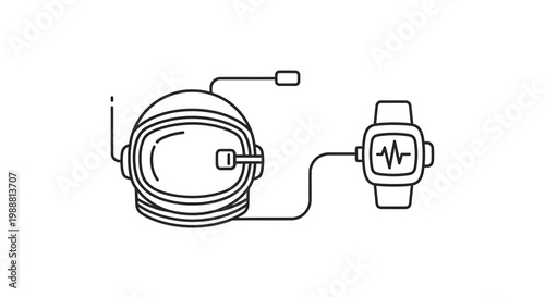 Astronaut helmet connected to smartwatch showing heartbeat, space exploration technology concept