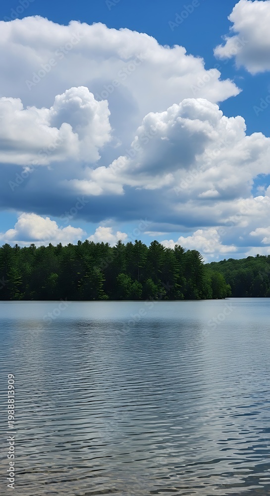 Obraz premium Calm lake reflects cloudy blue sky over dense green forest