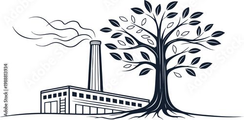 Eco-friendly factory with tree growing beside smokestack, symbolizing sustainable industry and green technology